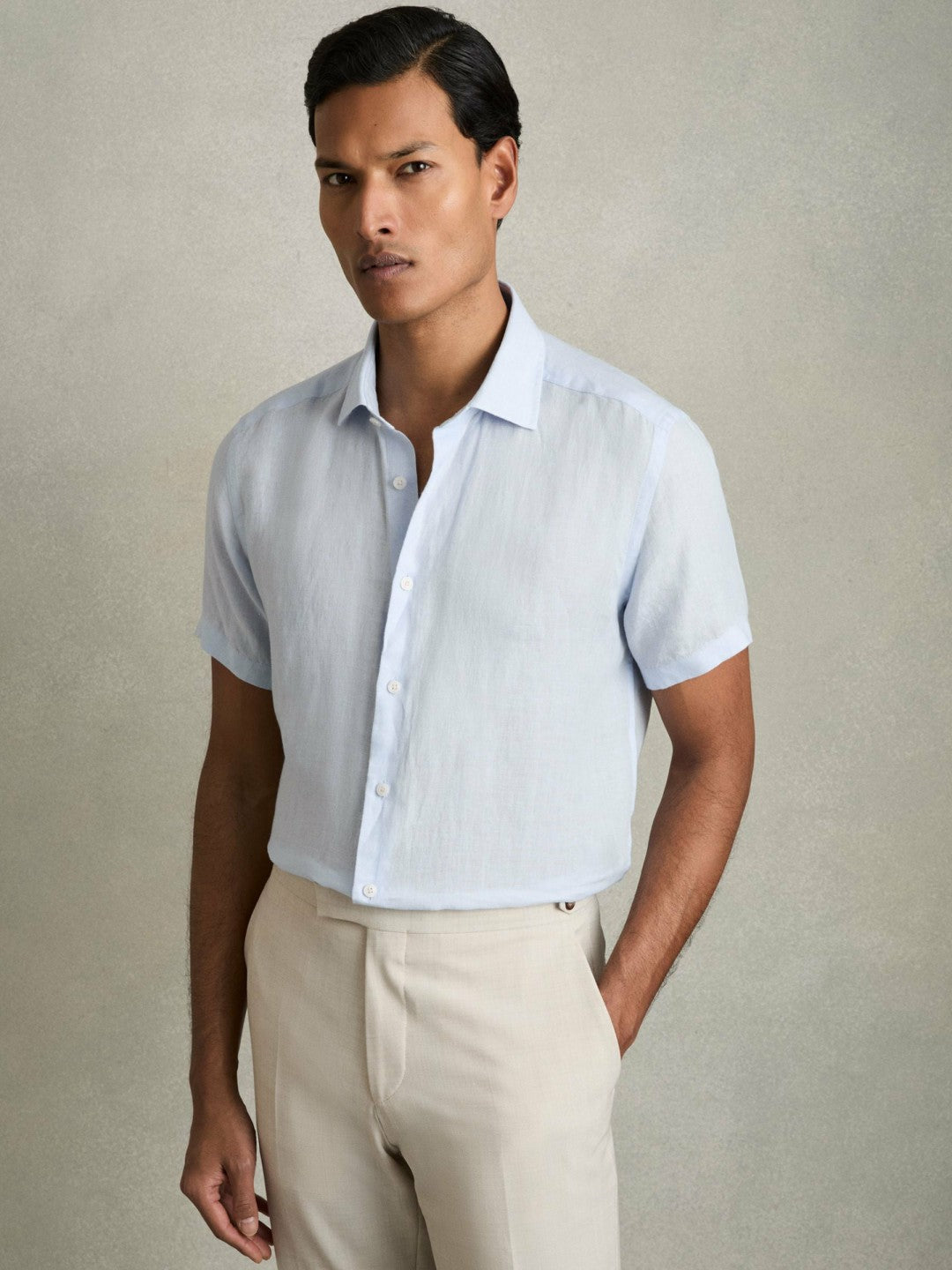 Slim Fit Linen Button-Through Shirt Pale Blue | Mens