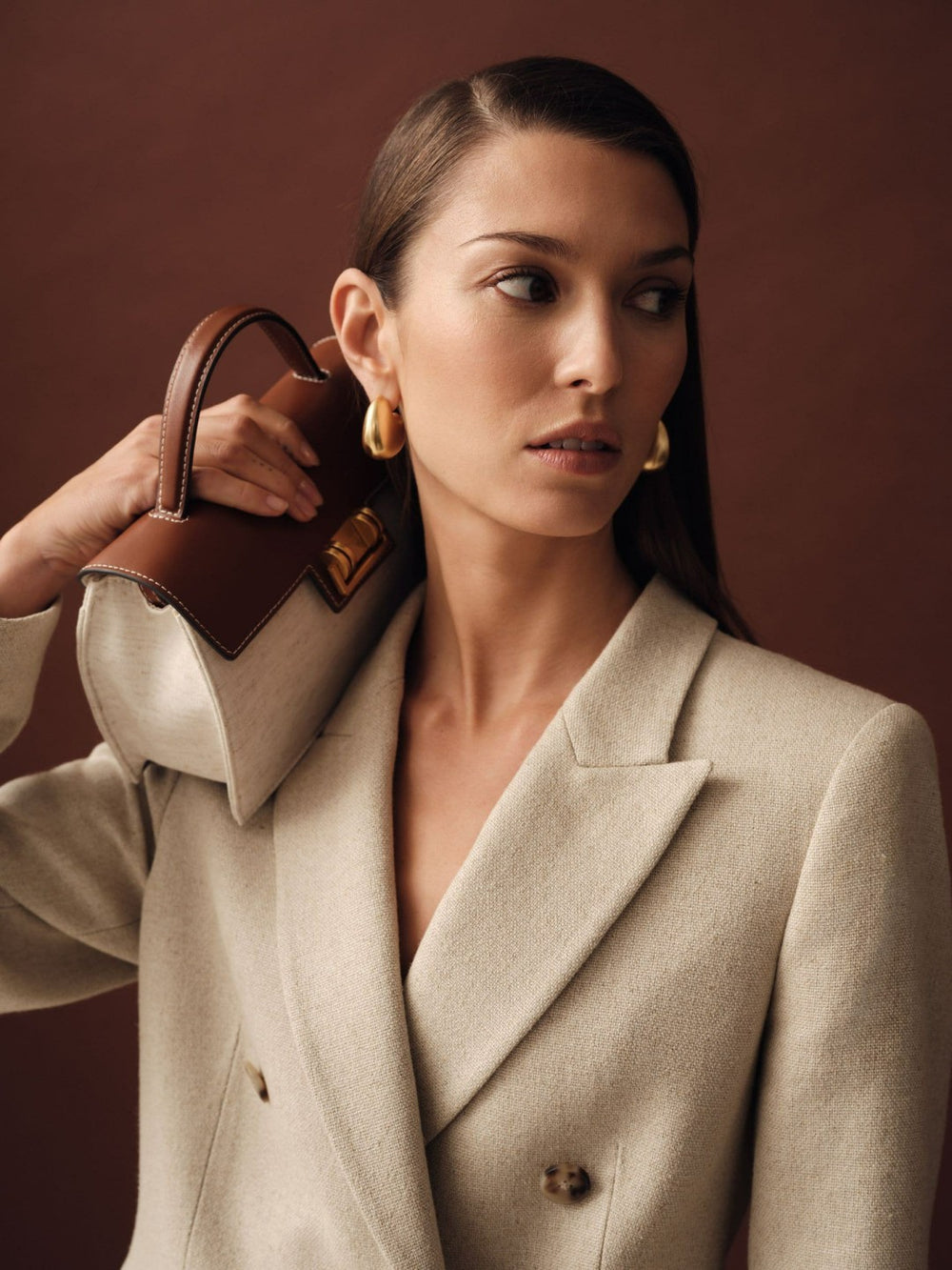 Petite Linen-Blend Double-Breasted Suit Jacket Neutral | Womens