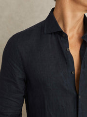 Linen Button-Through Shirt Navy | Mens
