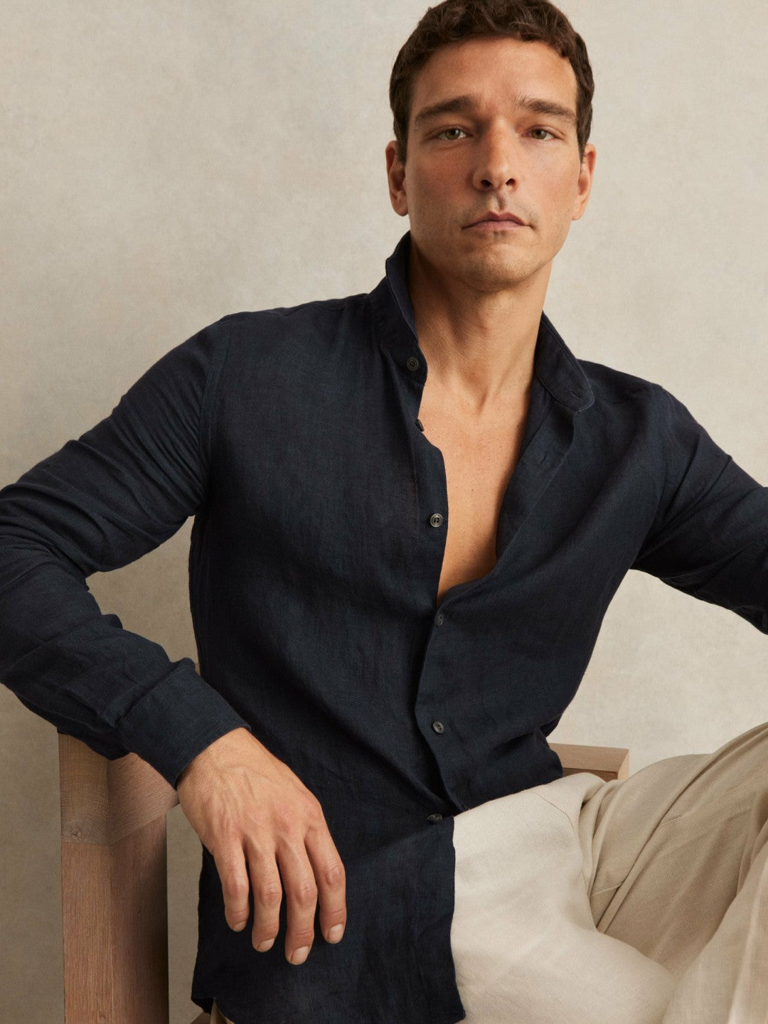 Linen Button-Through Shirt Navy | Mens