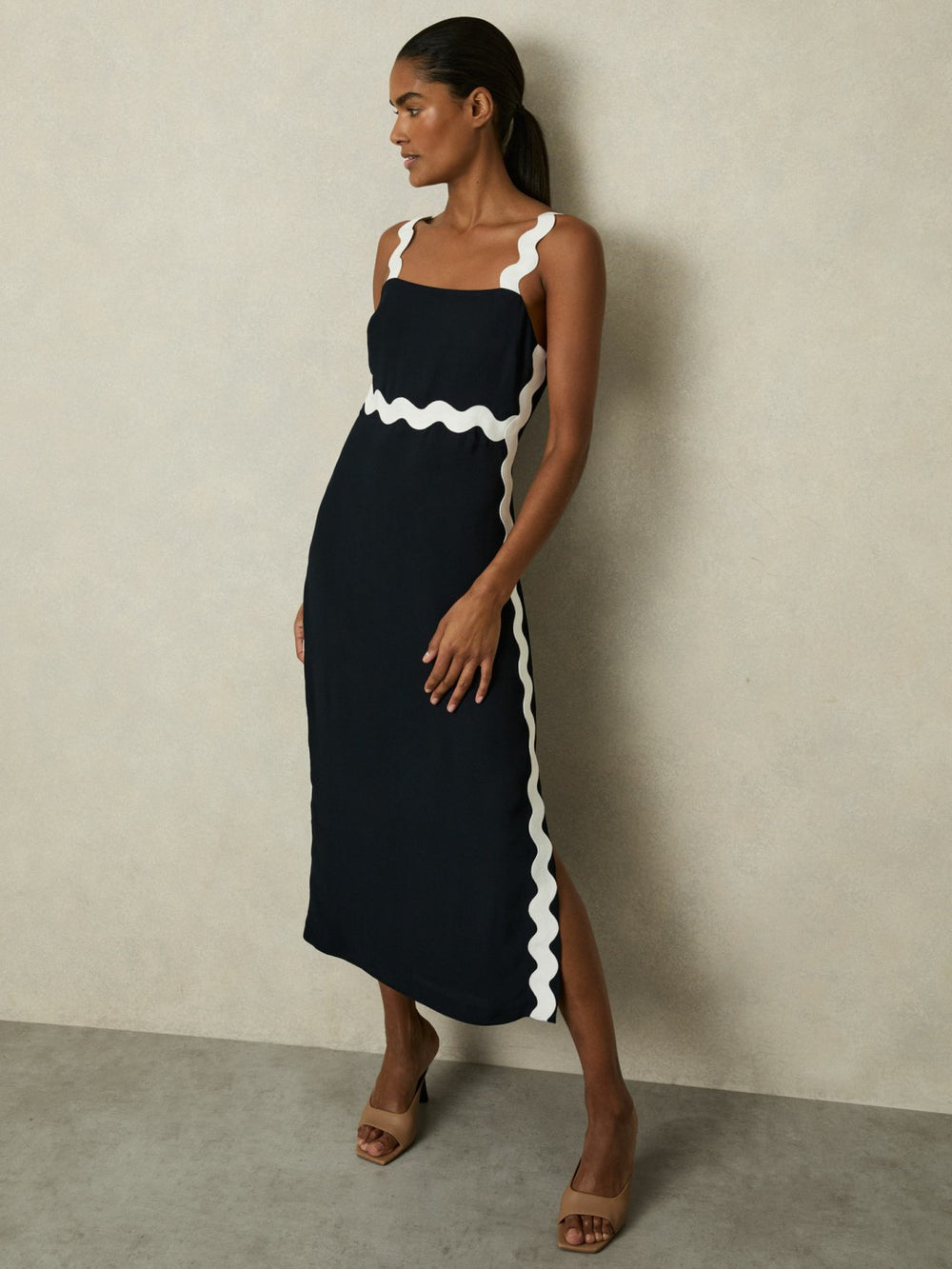 Wave-Trim Crepe Midi Dress Navy | Womens