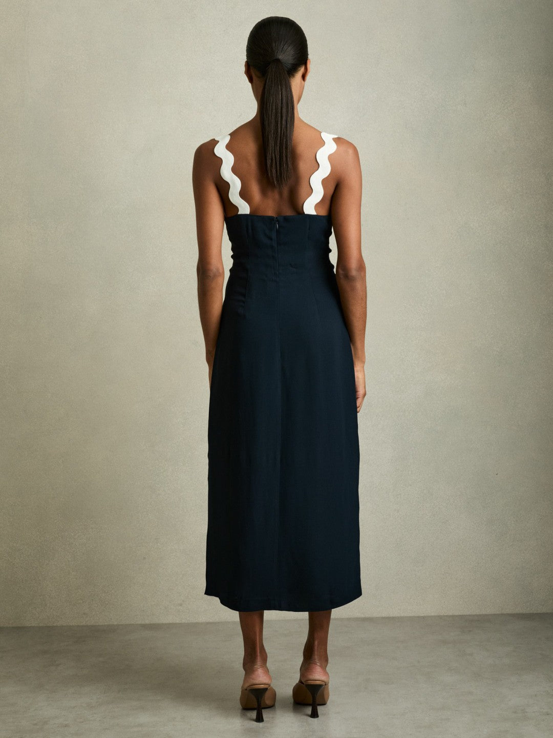 Wave-Trim Crepe Midi Dress Navy | Womens