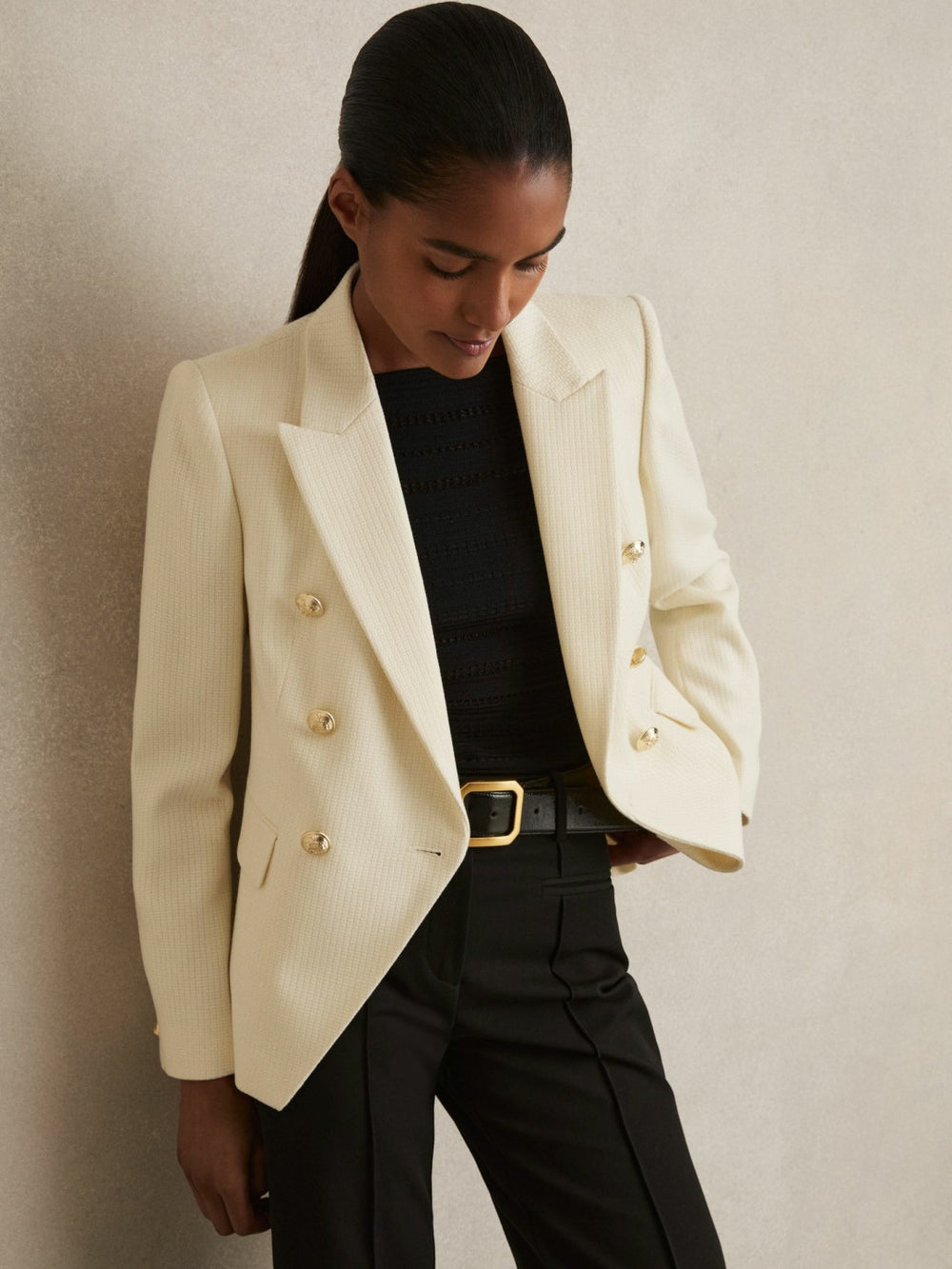 Tailored Fit Textured Double Breasted Blazer White | Womens
