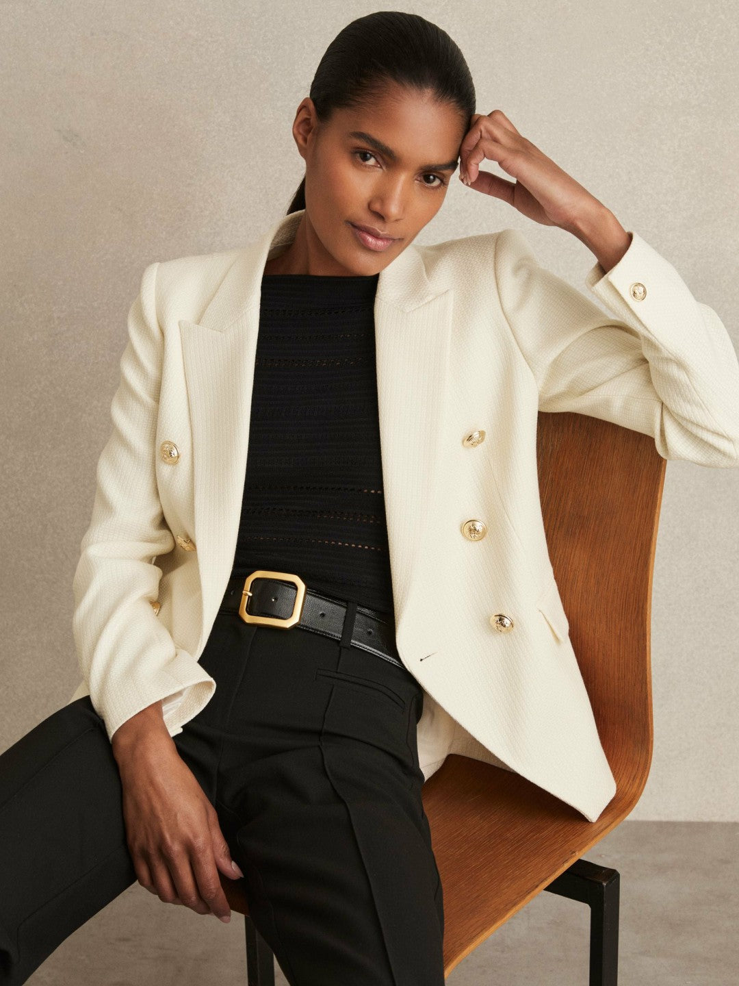 Petite Tailored Fit Textured Double Breasted Blazer White | Womens