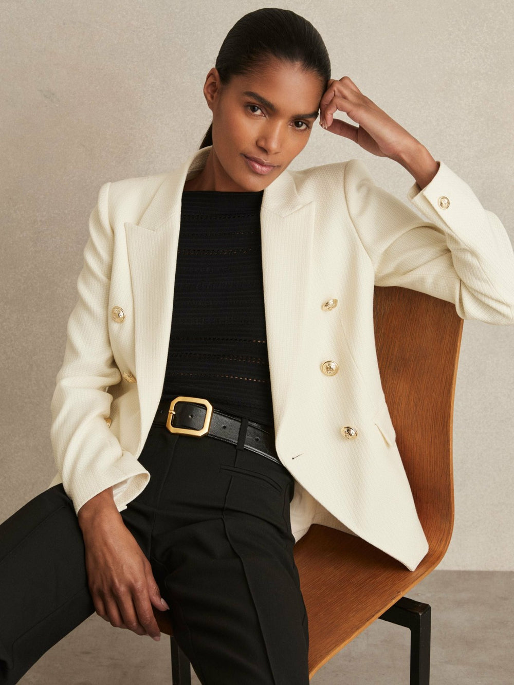 Petite Tailored Fit Textured Double Breasted Blazer White | Womens
