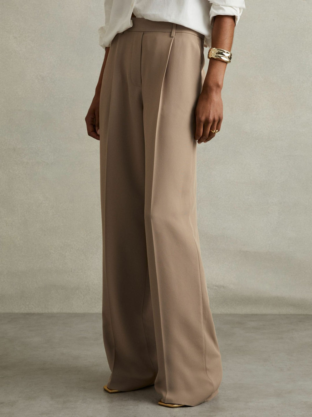 Petite Elasticated-Waist Wide-Leg Twill Trousers Mink Neutral | Womens