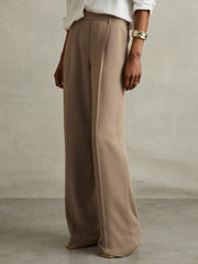 Petite Elasticated-Waist Wide-Leg Twill Trousers Mink Neutral | Womens