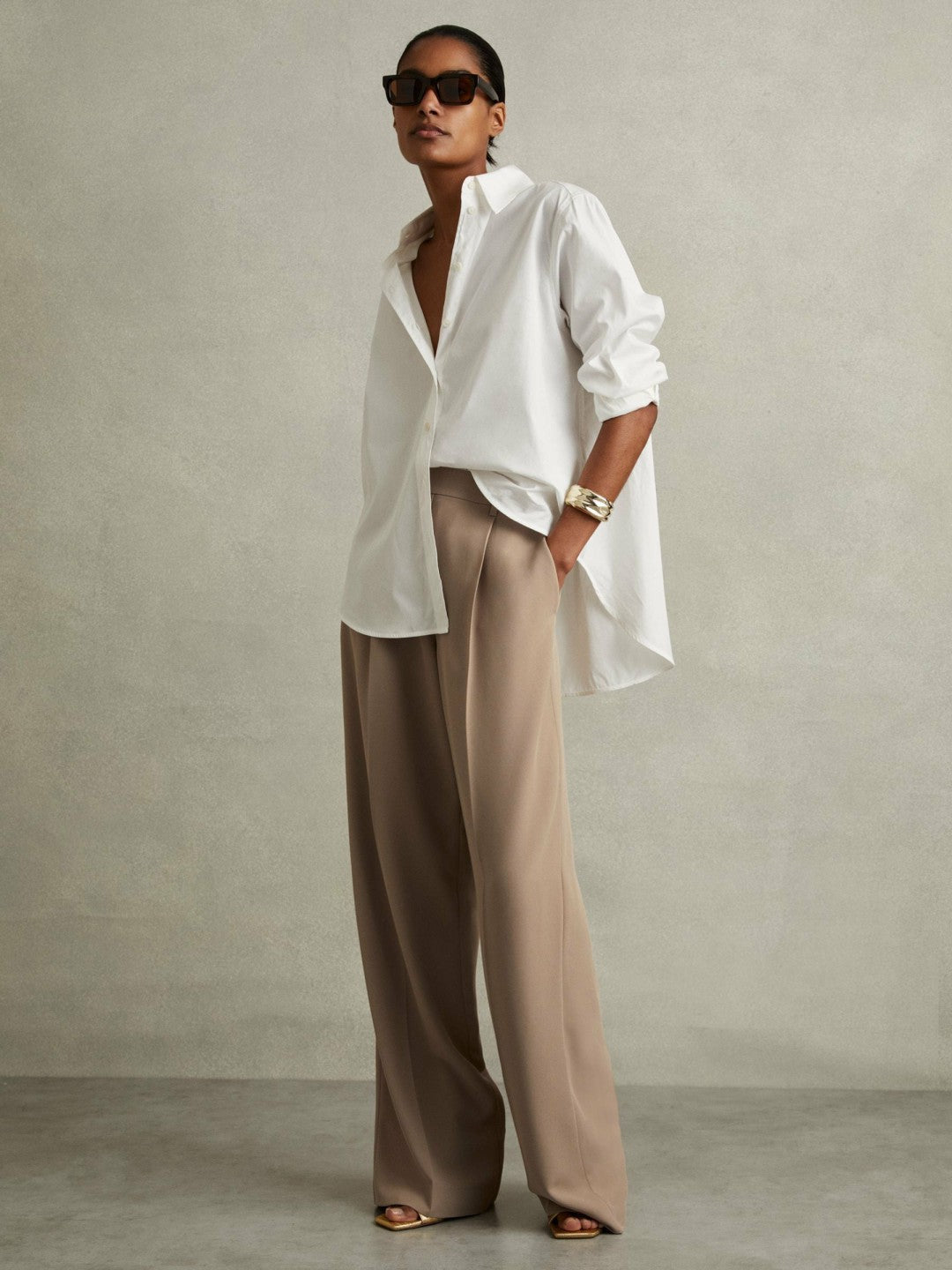 Petite Elasticated-Waist Wide-Leg Twill Trousers Mink Neutral | Womens
