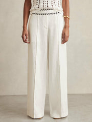 Petite Linen Wide-Leg Whipstitch Trousers White | Womens