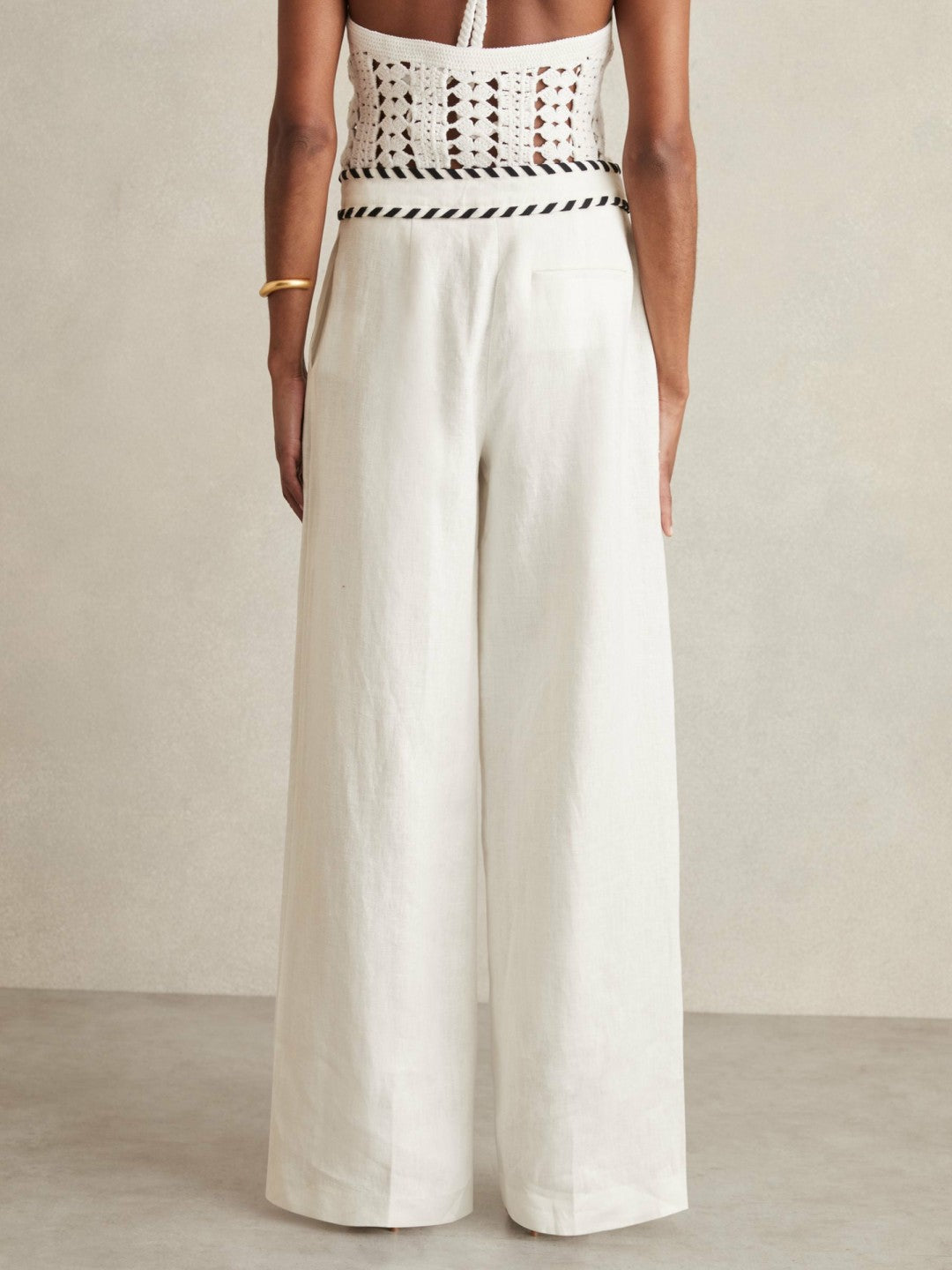 Petite Linen Wide-Leg Whipstitch Trousers White | Womens