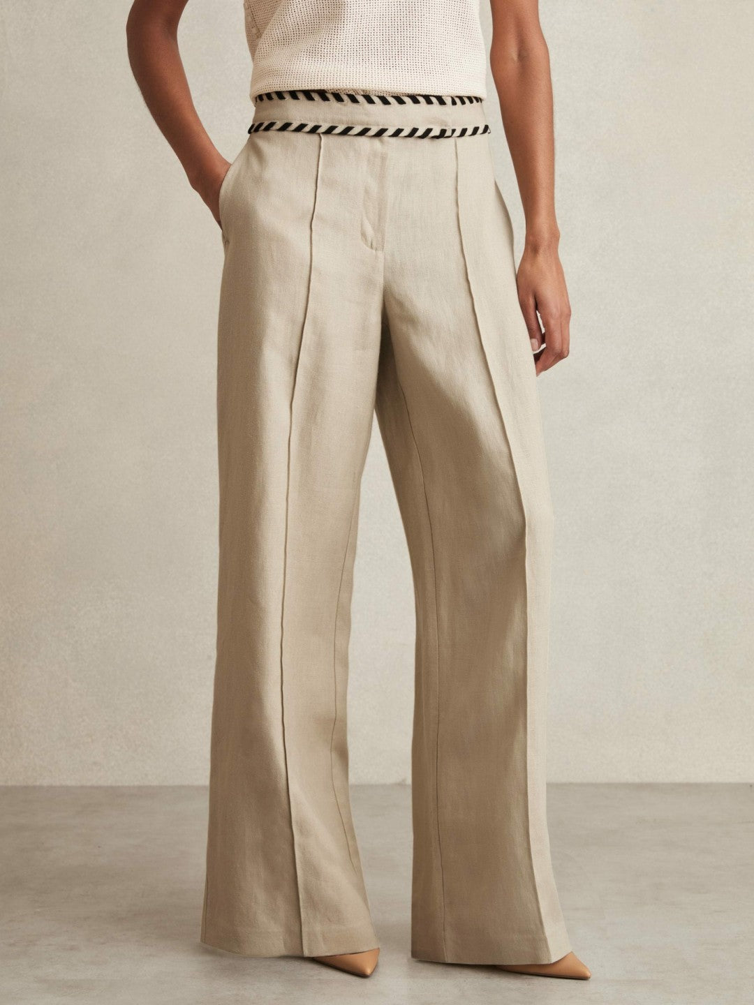 Linen Wide-Leg Whipstitch Trousers Neutral | Womens