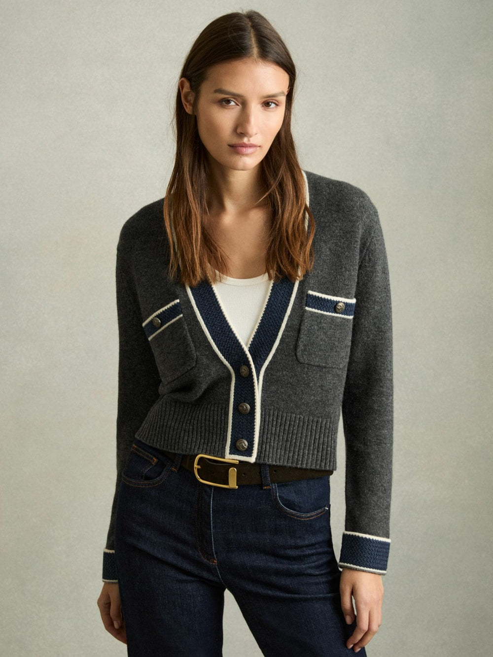 Wool-Cashmere Tipped V-Neck Cardigan Charcoal | Womens