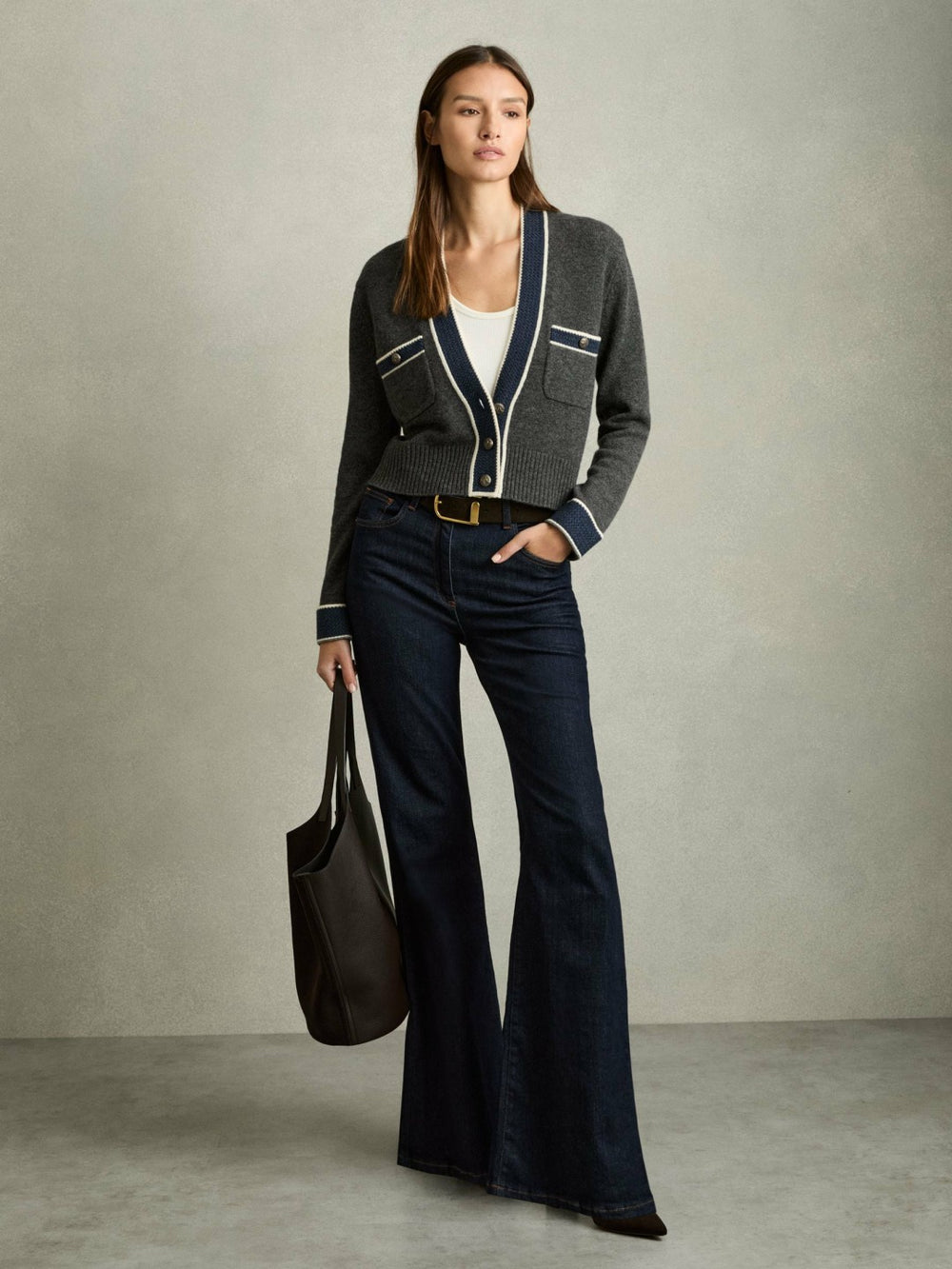Wool-Cashmere Tipped V-Neck Cardigan Charcoal | Womens