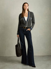 Wool-Cashmere Tipped V-Neck Cardigan Charcoal | Womens