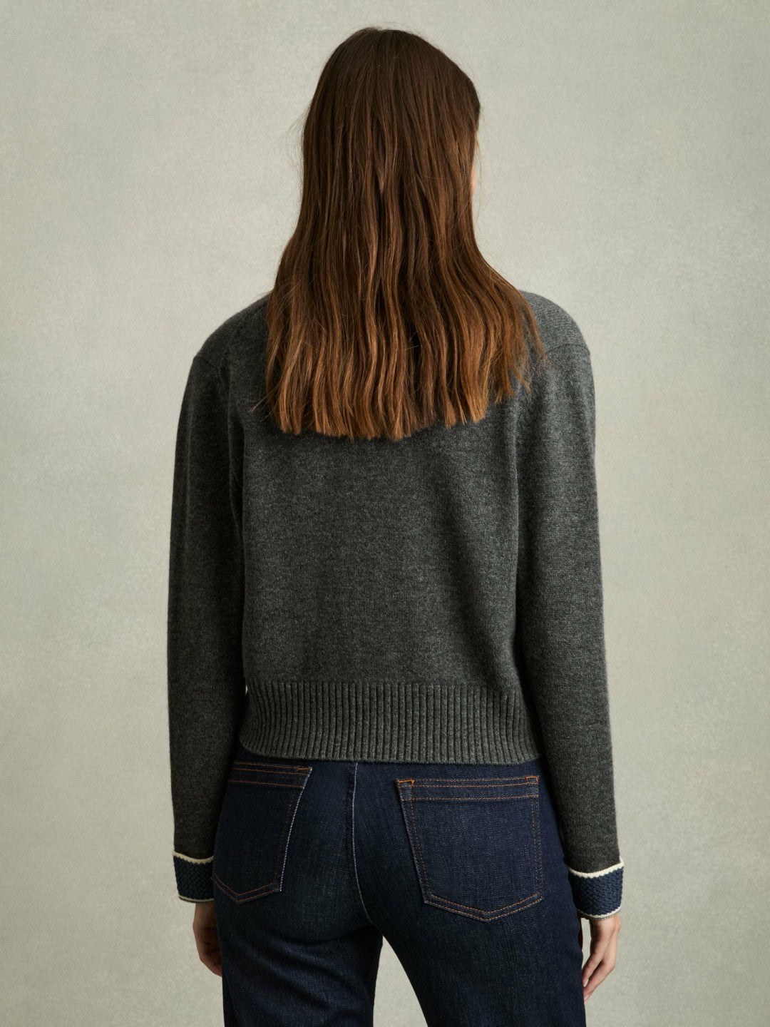 Wool-Cashmere Tipped V-Neck Cardigan Charcoal | Womens