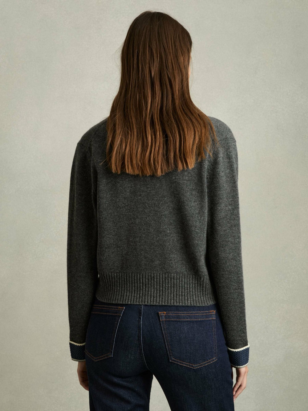 Wool-Cashmere Tipped V-Neck Cardigan Charcoal | Womens