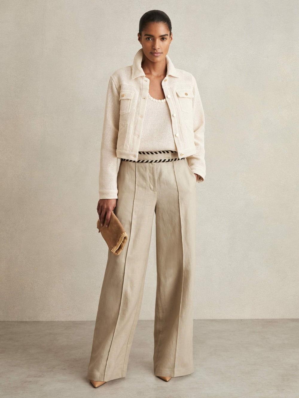 Petite Linen Wide-Leg Whipstitch Trousers Neutral | Womens