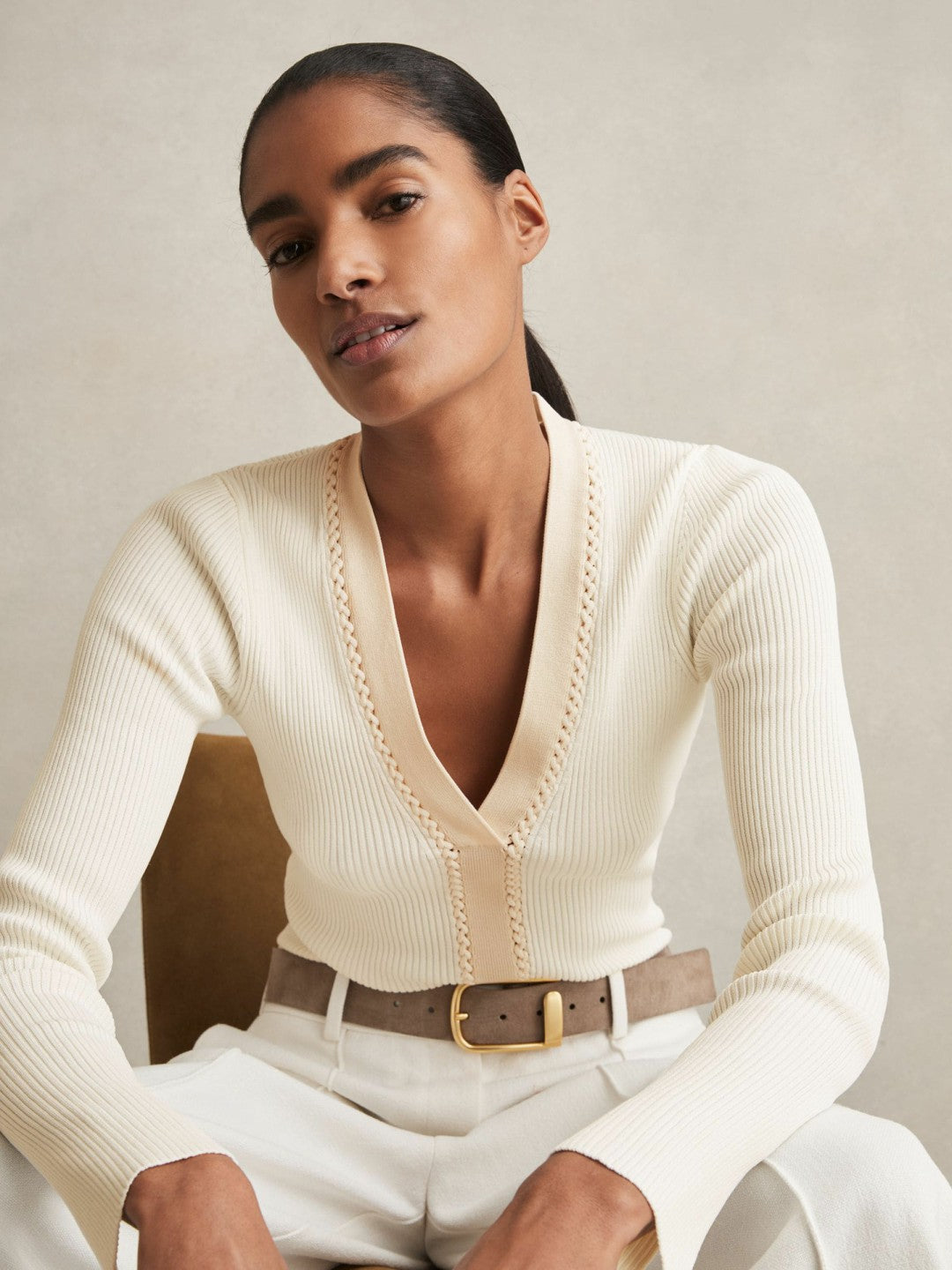 Craft-Stitch Rib-Knit Top Ivory | Womens