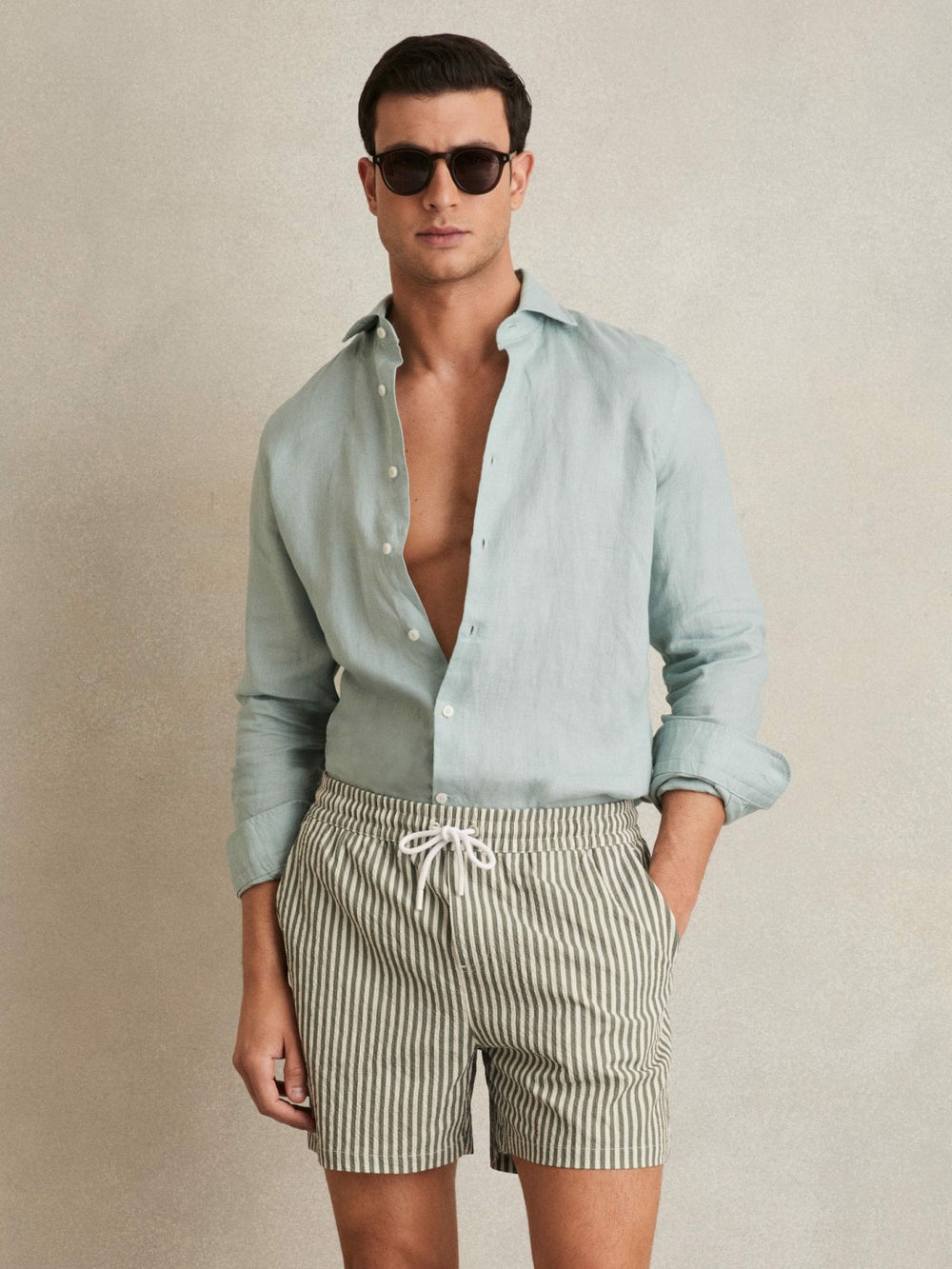 Seersucker Stripe Swim Shorts Sage/White | Mens