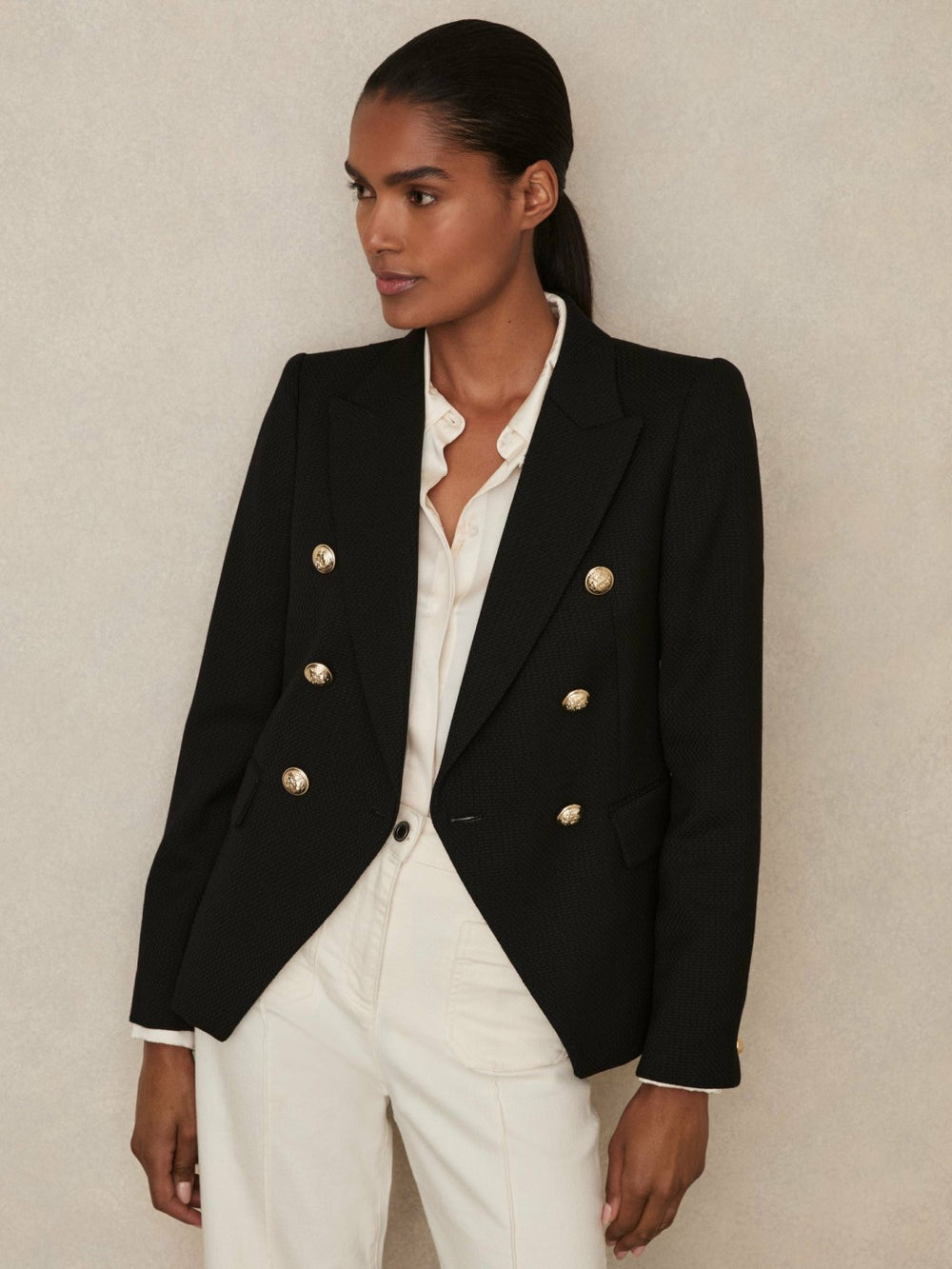 Tailored Fit Textured Double Breasted Blazer Black | Womens