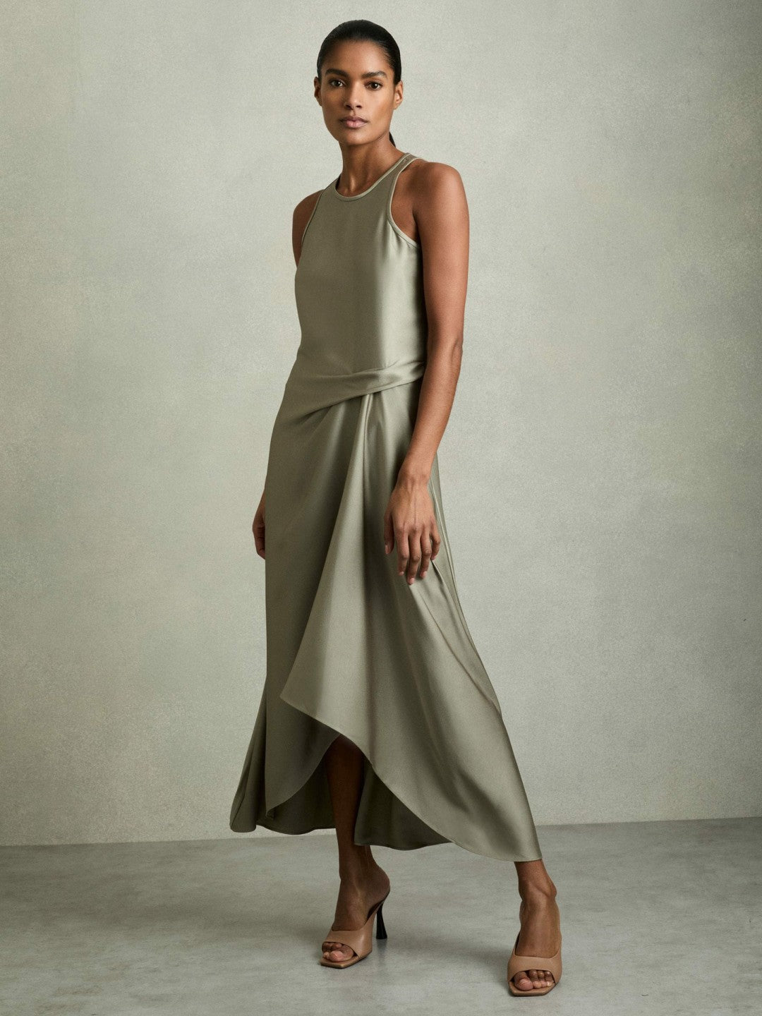 Satin Drape Tuck Midi Dress Khaki | Womens