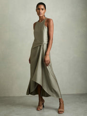 Satin Drape Tuck Midi Dress Khaki | Womens