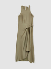 Satin Drape Tuck Midi Dress Khaki | Womens
