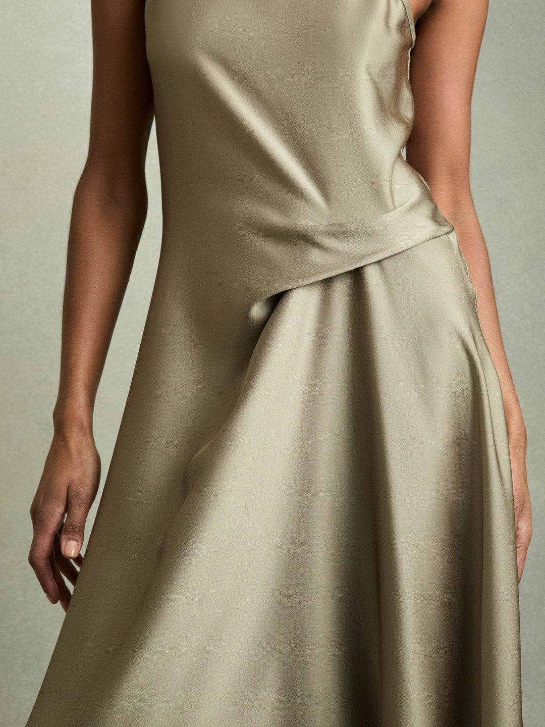 Satin Drape Tuck Midi Dress Khaki | Womens