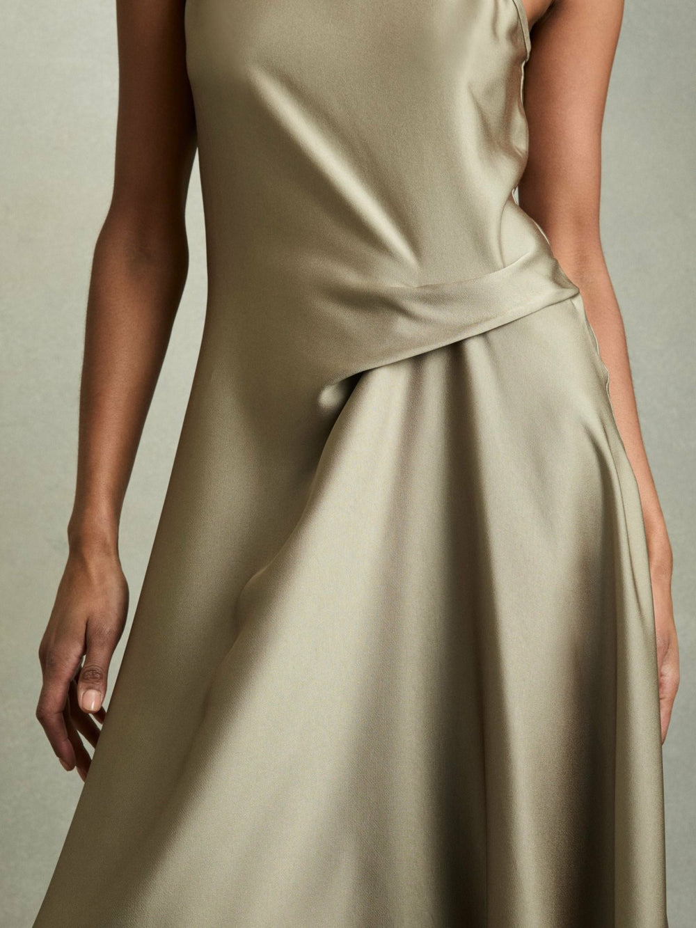 Satin Drape Tuck Midi Dress Khaki | Womens