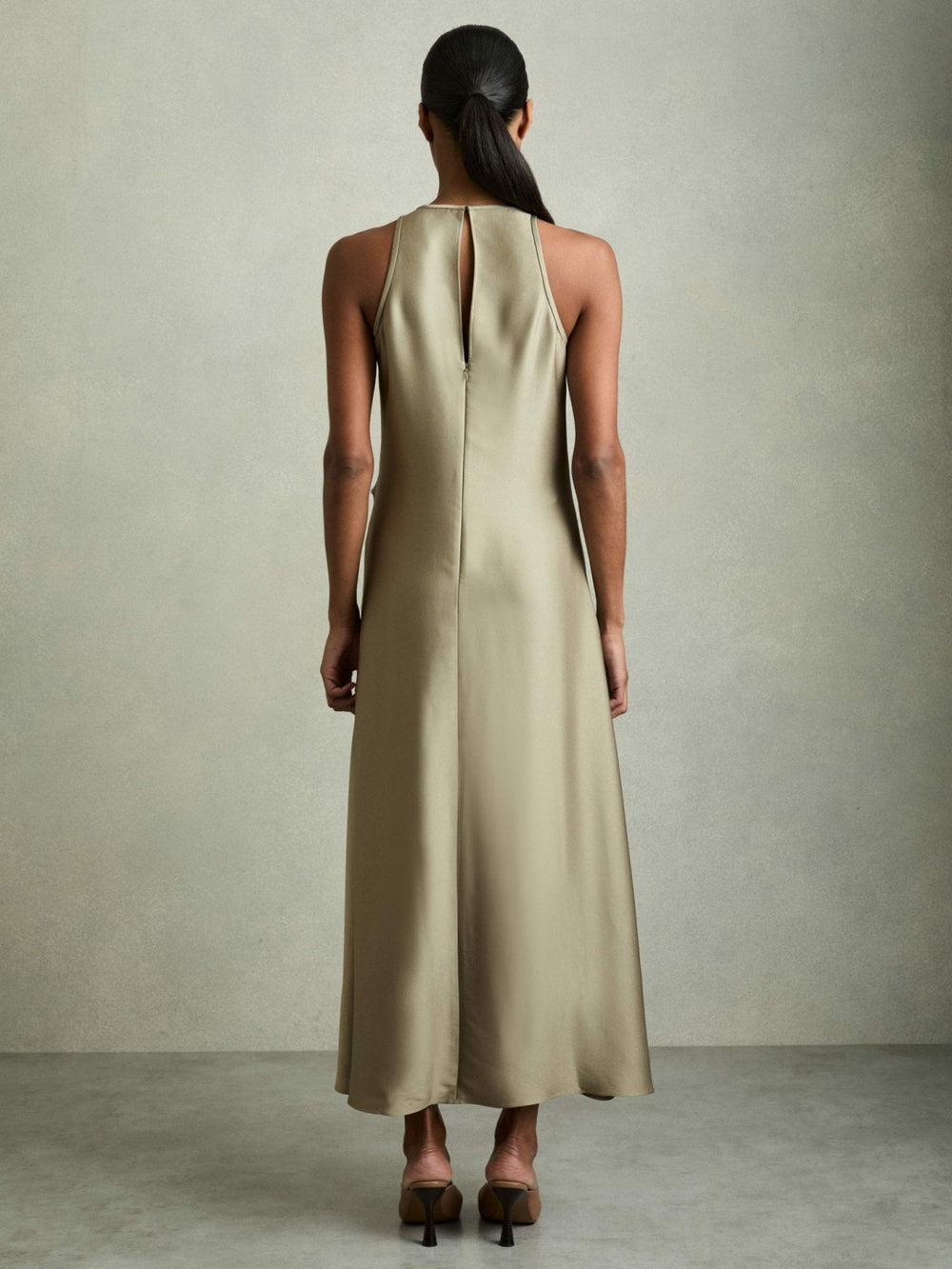 Satin Drape Tuck Midi Dress Khaki | Womens
