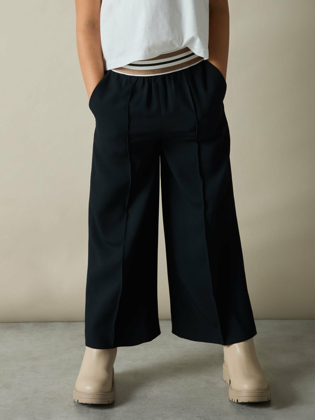 13-14 yrs Stripe-Waistband Wide-Leg Trousers Navy | Children