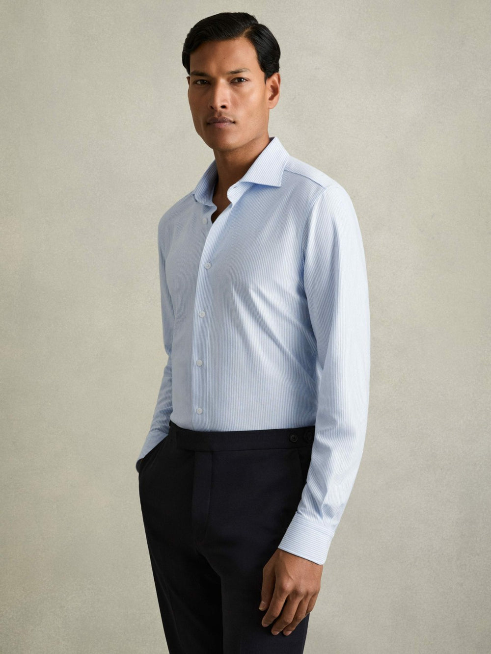 Cotton-Blend Cutaway-Collar Striped Shirt Blue Stripe | Mens