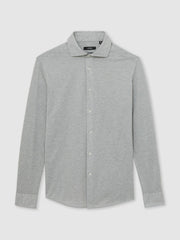Cotton-Blend Jersey Cutaway-Collar Shirt Grey Melange | Mens