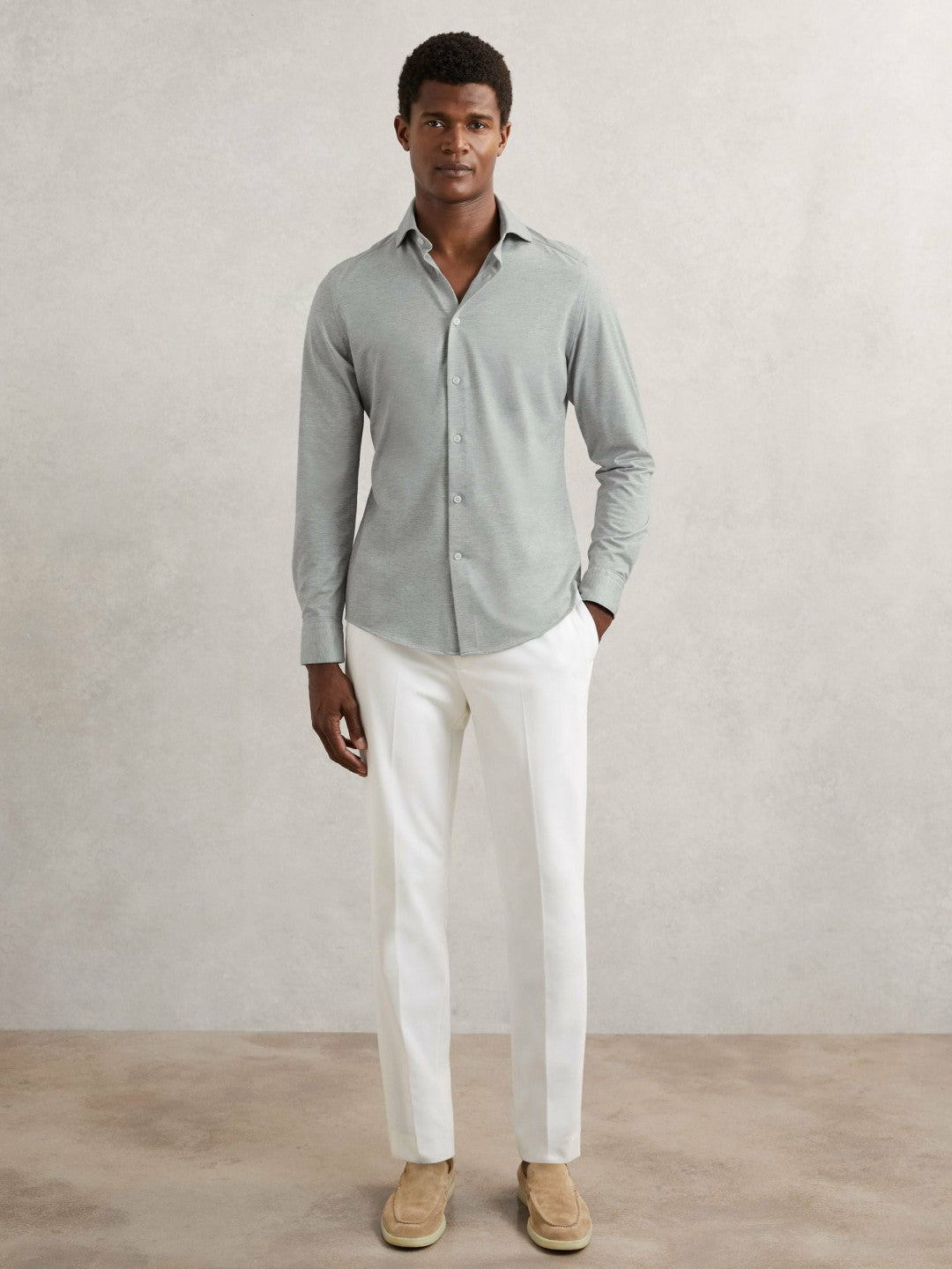 Cotton-Blend Jersey Cutaway-Collar Shirt Grey Melange | Mens