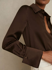 Silk Double-Cuff Button-Through Shirt Chocolate | Womens