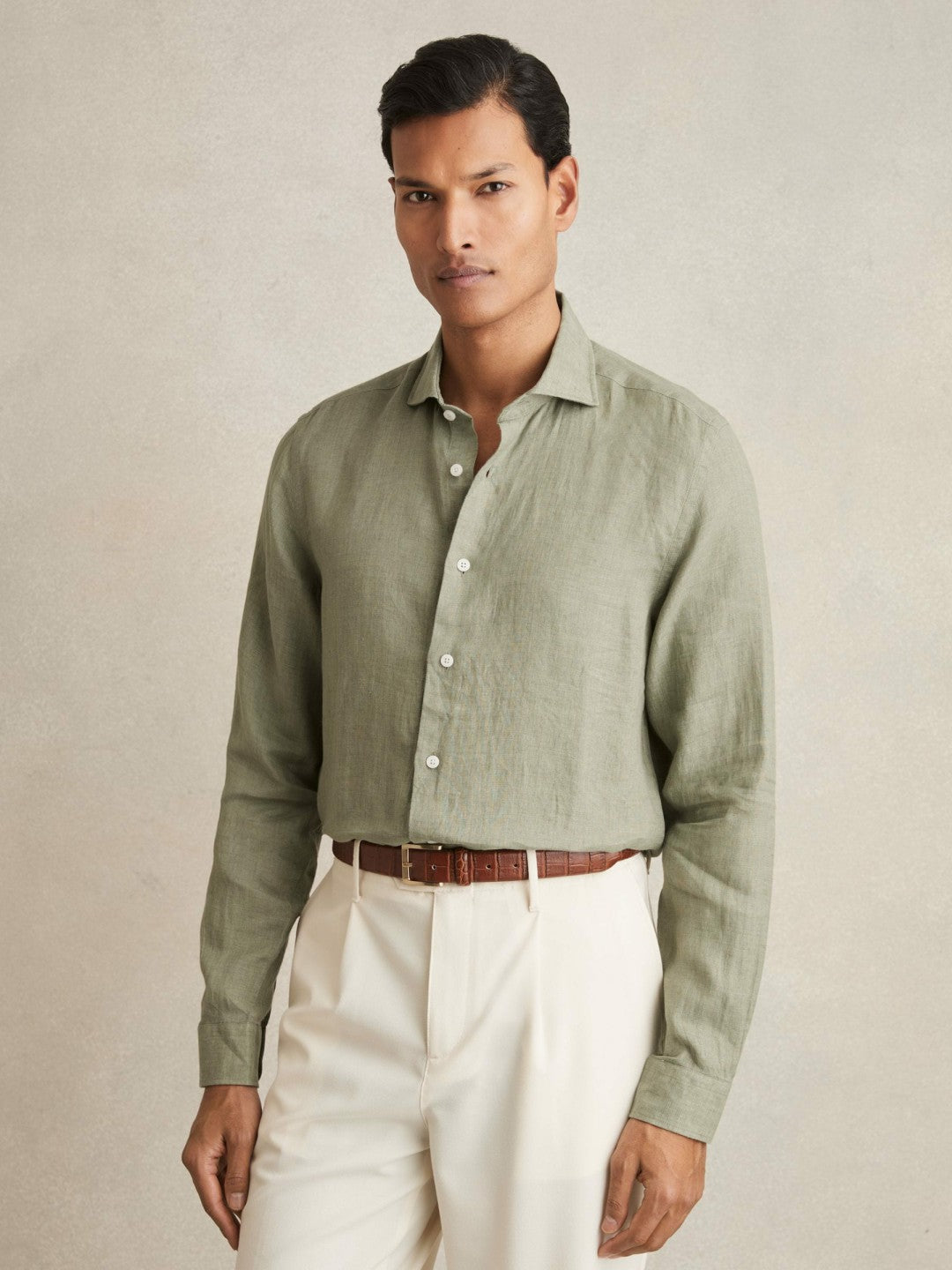 Linen Button-Through Shirt Thyme Green | Mens