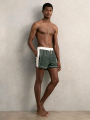 Colour-Block Piped-Trim Swim Shorts Dark Green/White | Mens