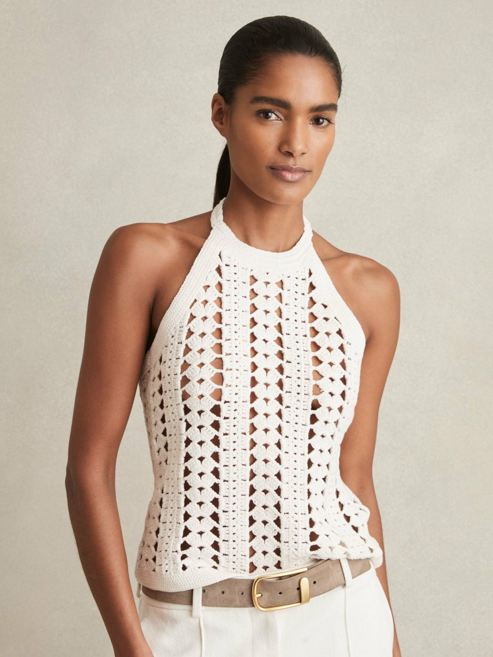 Cotton Crochet Halterneck Vest Top White | Womens