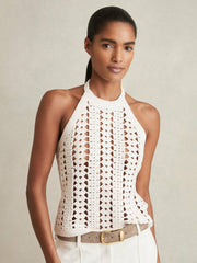 Cotton Crochet Halterneck Vest Top White | Womens