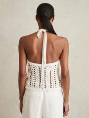 Cotton Crochet Halterneck Vest Top White | Womens