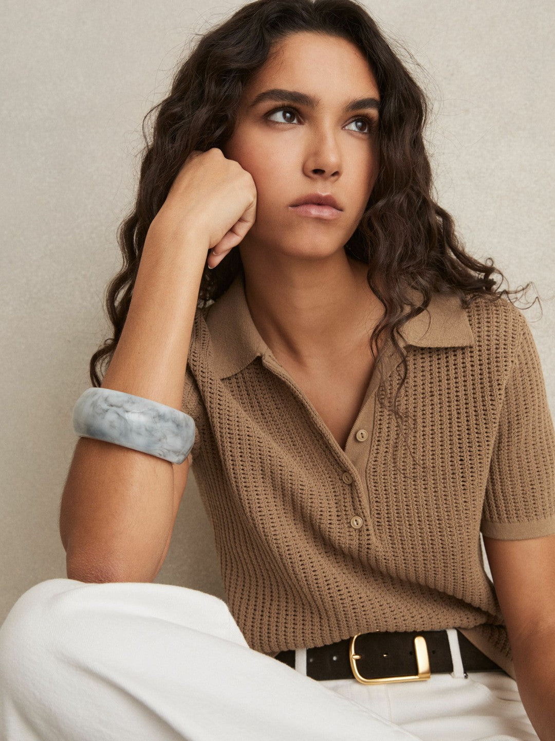 Cotton-Blend Open-Knit Polo Shirt Tan | Womens