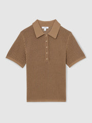 Cotton-Blend Open-Knit Polo Shirt Tan | Womens