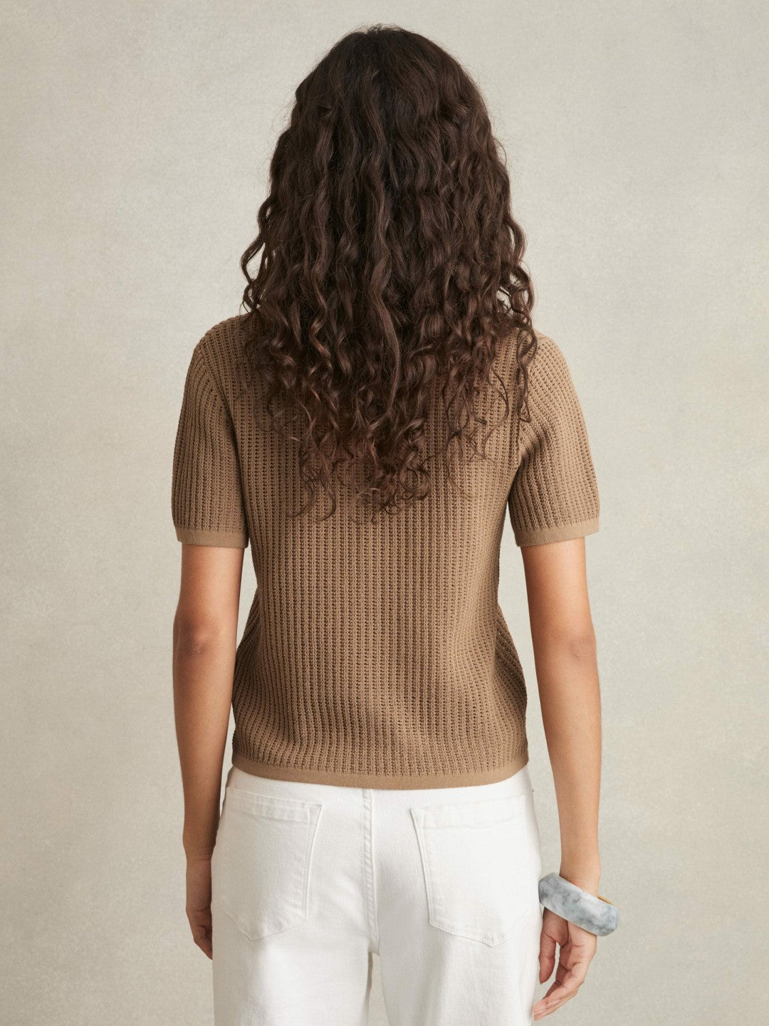 Cotton-Blend Open-Knit Polo Shirt Tan | Womens