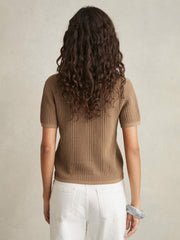 Cotton-Blend Open-Knit Polo Shirt Tan | Womens