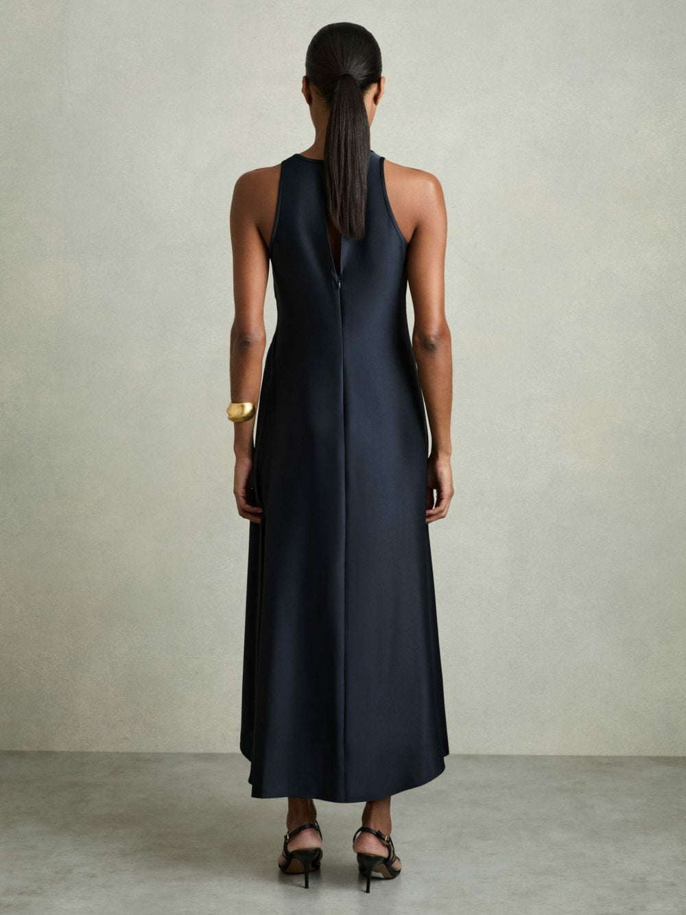 Satin Shirred Midi Dress Navy | Womens