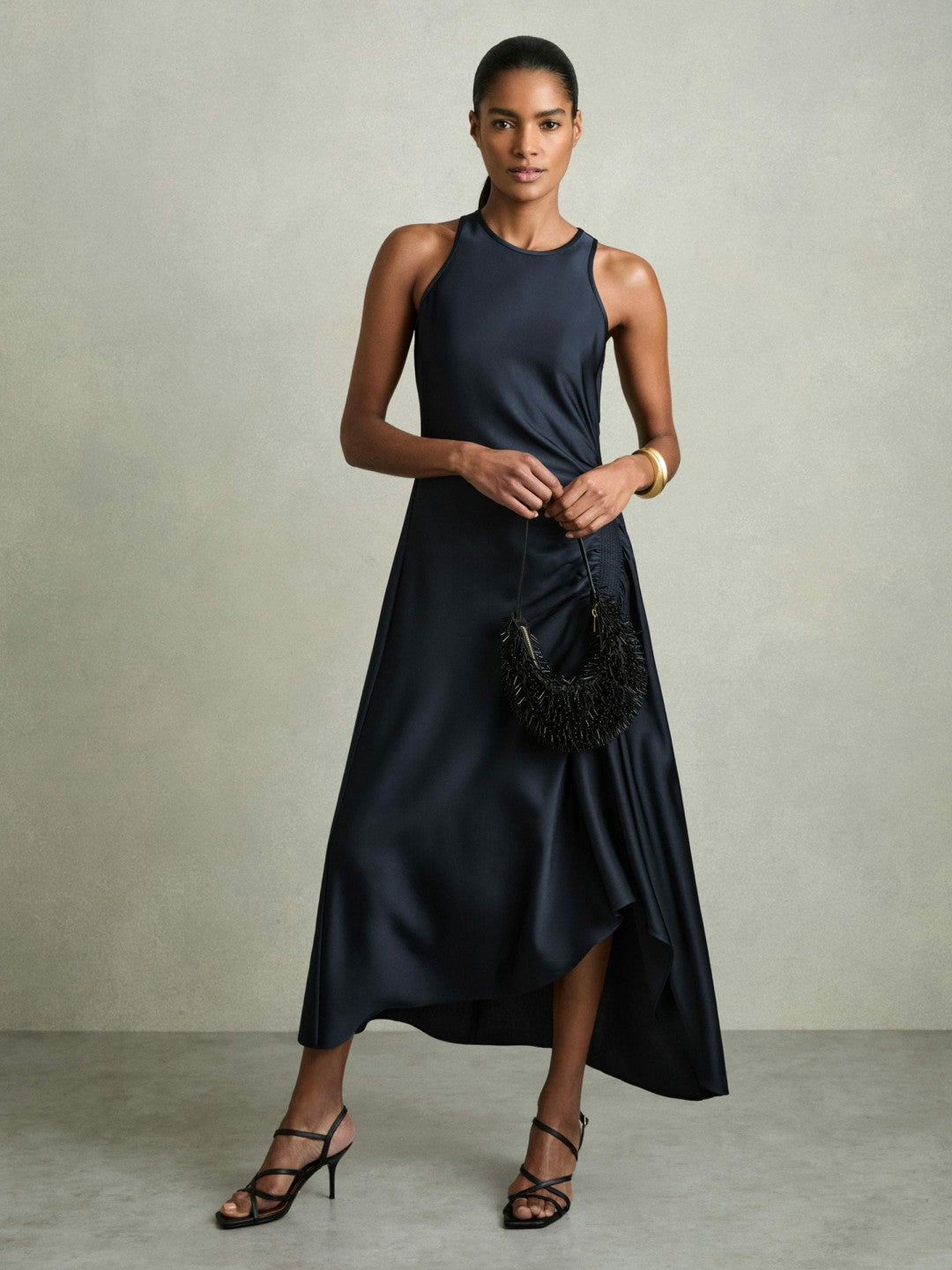 Satin Shirred Midi Dress Navy | Womens