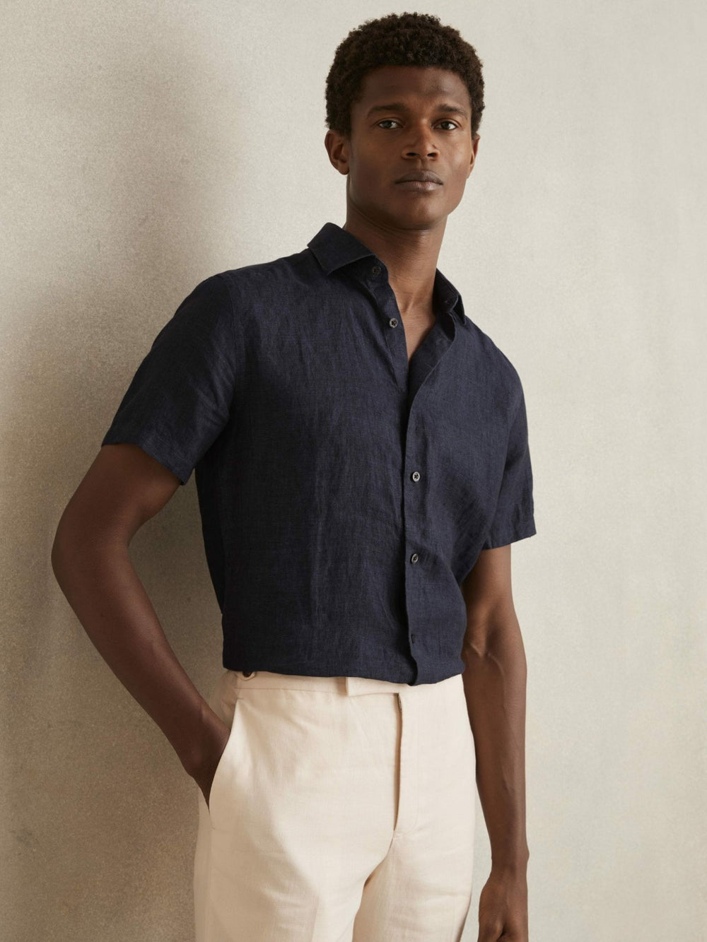 Slim Fit Linen Button-Through Shirt Navy | Mens