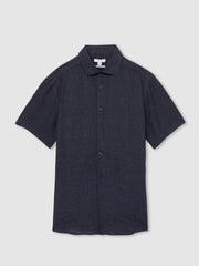 Slim Fit Linen Button-Through Shirt Navy | Mens