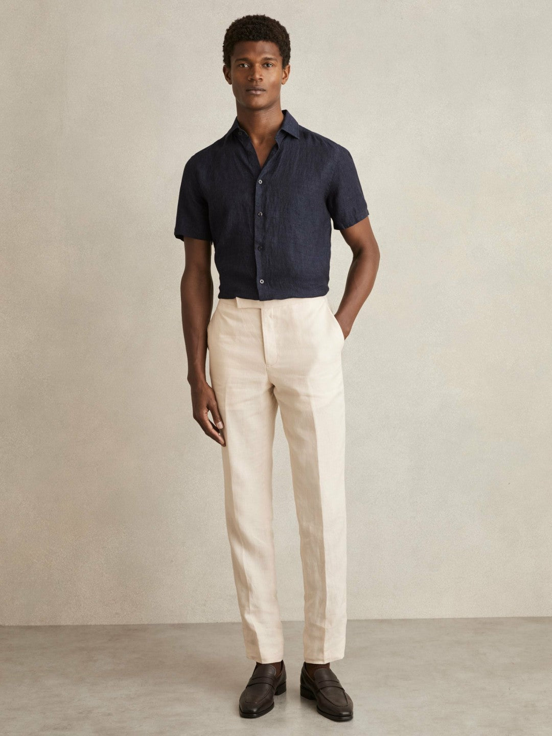 Slim Fit Linen Button-Through Shirt Navy | Mens