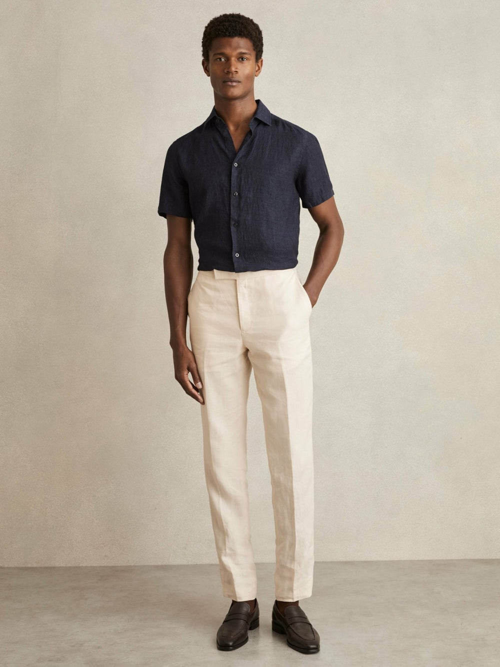 Slim Fit Linen Button-Through Shirt Navy | Mens